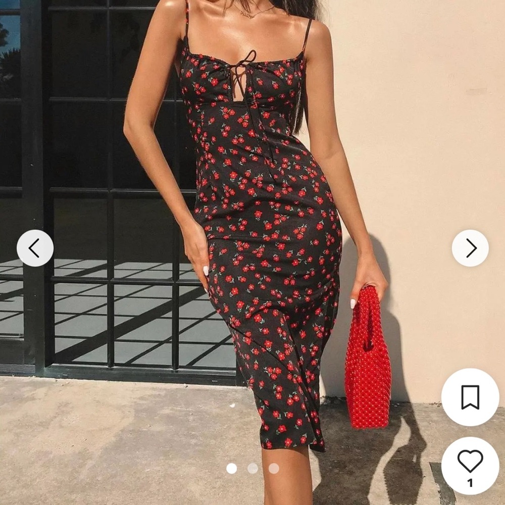 Princess Polly Black Midi Dress with Red Floral Print
